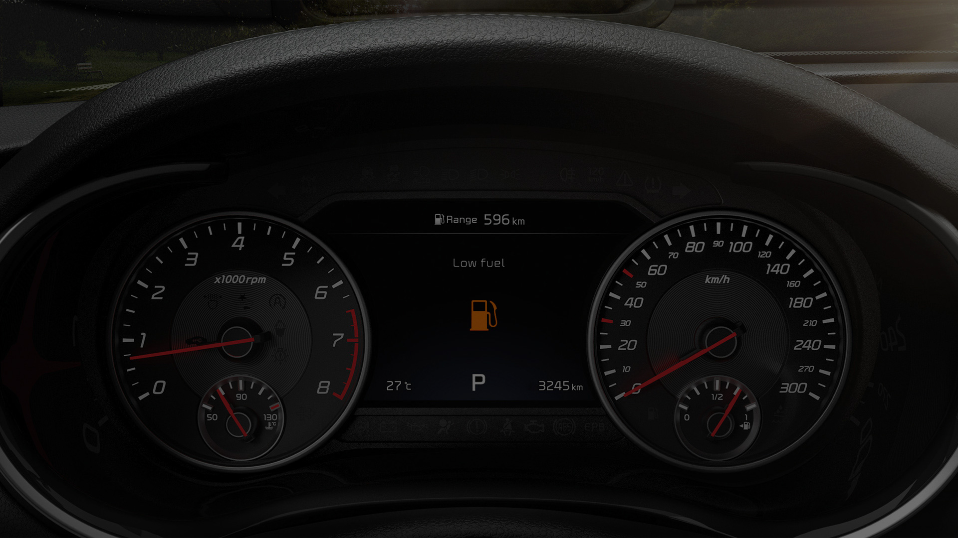 Cluster of the Stinger showing Low Fuel warning light